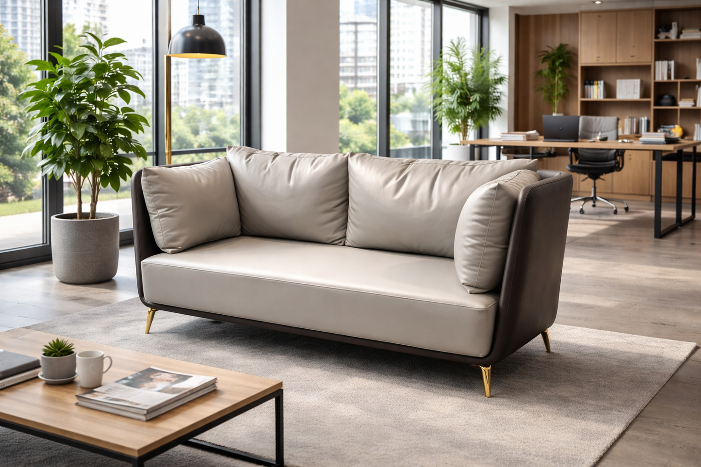 Modern Premium Leather Office Sofa with Metal Legs (2 Seater)